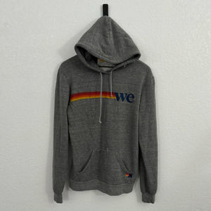 Aviator Nation 4-Stripe We Drawstring Pullover Hoodie Sweatshirt Heather Grey L